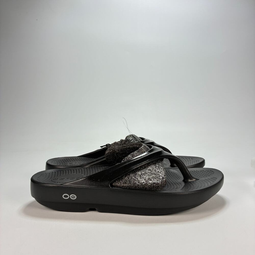 OOFOS OOlala Black Glossy Comfort Recovery Slide Thong Sandals Women's Size 10